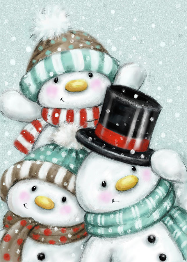 Winter Mixed Media - Three Snowmen 3 by Makiko