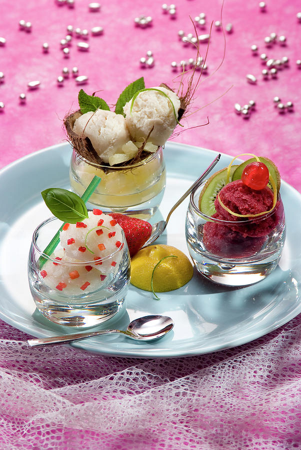 Three Sorbets : Basil With Pieces Of Strawberry, All Season Cherry And Coconut-pineapple Photograph by Leprtre