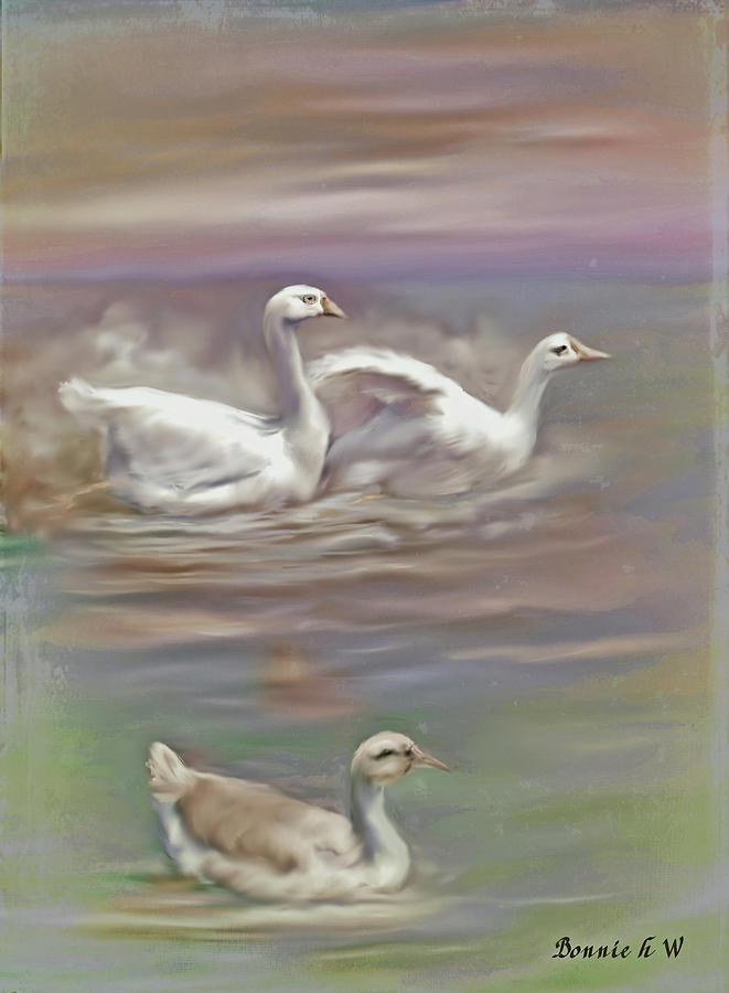 Three Splashing Geese Digital Art by Bonnie Willis