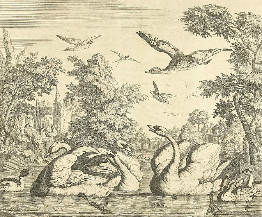 Three Swans and other Birds at a Pond Relief by Pieter Casteels