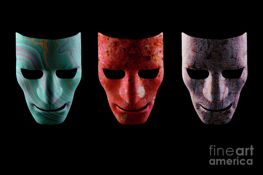 Three textured AI robotic face masks Photograph by Simon Bratt