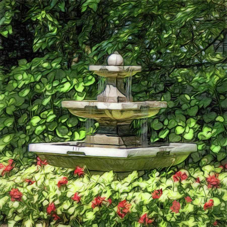 Three Tiered  Fountain In The Geraniums Photograph by Leslie Montgomery