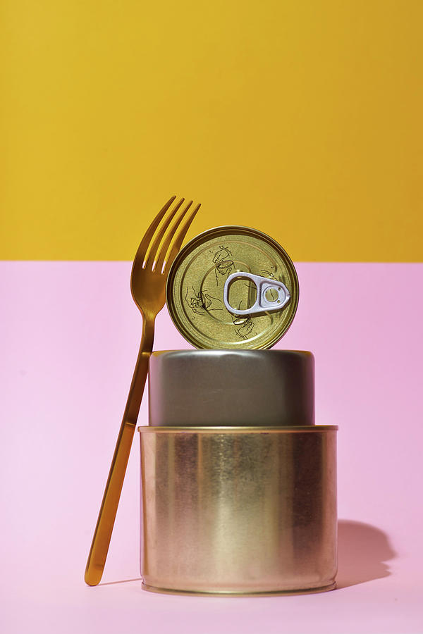 Three Tins And A Fork Against A Pink And Yellow Background Photograph by Asya Nurullina