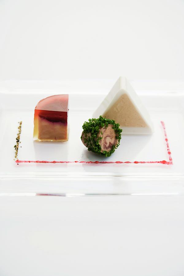 Three Variations Of Goose Liver With Coconut And Fresh Raspberries Photograph by Michael Wissing