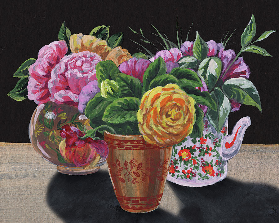 Three Vases With Roses Floral Impressionism  Painting by Irina Sztukowski