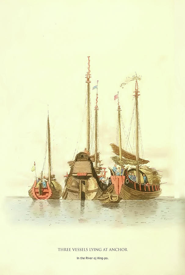 Three Vessels Lying at Anchor Painting by William Alexander