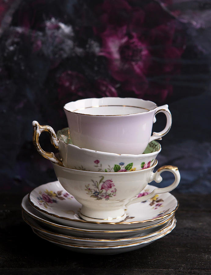 Three Vinatge Fine Bone China Tea Cups And Saucers Stacked Photograph by Stacy Grant