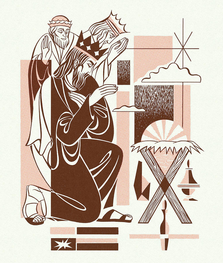 Christmas Drawing - Three Wise Men and Baby Jesus by CSA Images