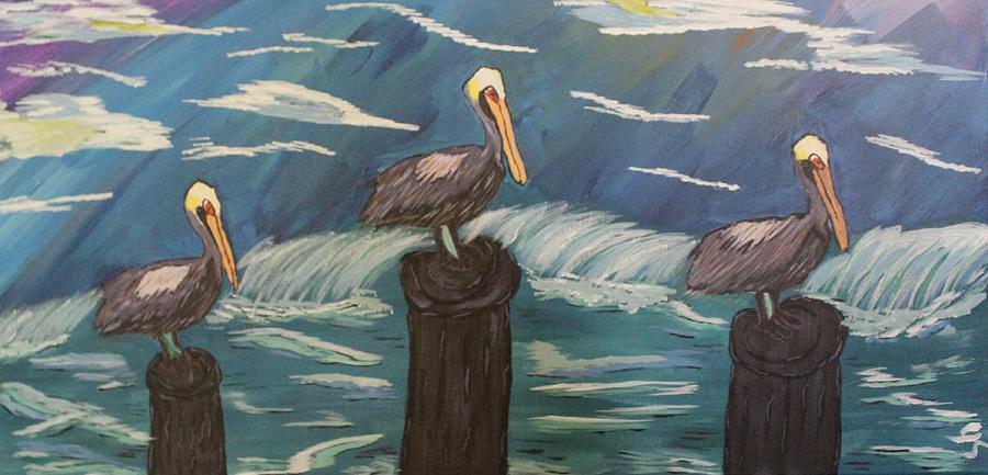 Three Wise Pelicans Painting by Yvonne Sewell