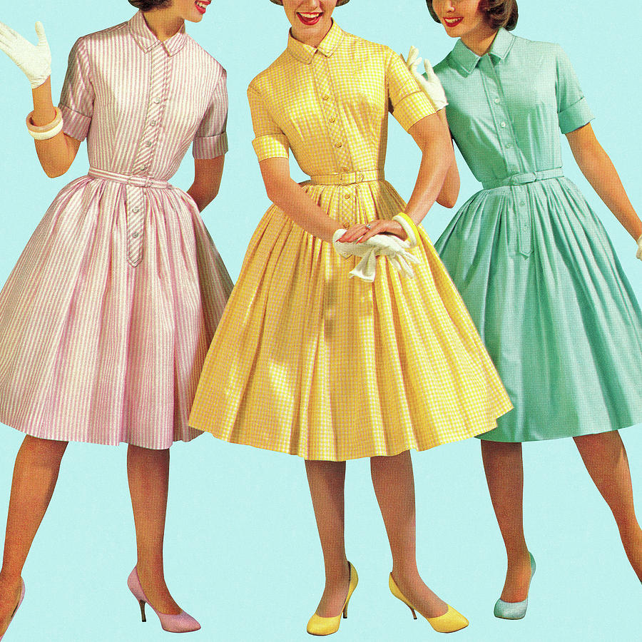 Vintage Drawing - Three Woman Wearing Pastel Colored Dresses by CSA Images