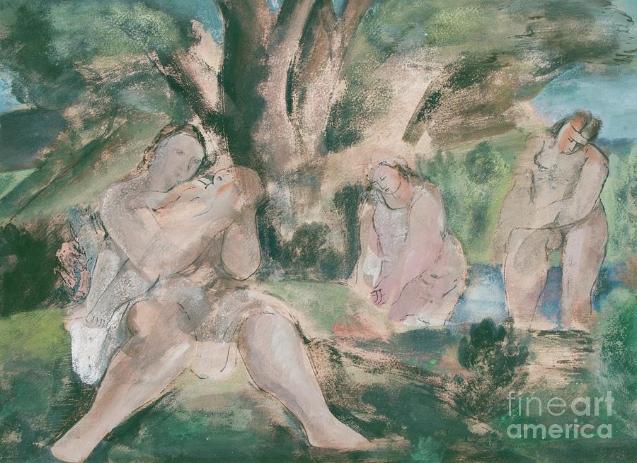Three Women And Child Bathing Under A Tree Painting by Bernard Meninsky