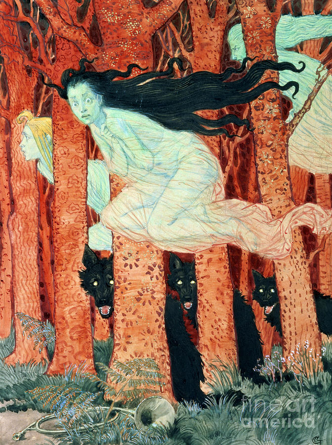 Three Women and Three Wolves Painting by Eugene Grasset