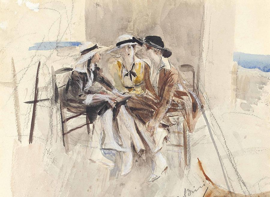 Three Women In Conversation On A Terrace Painting