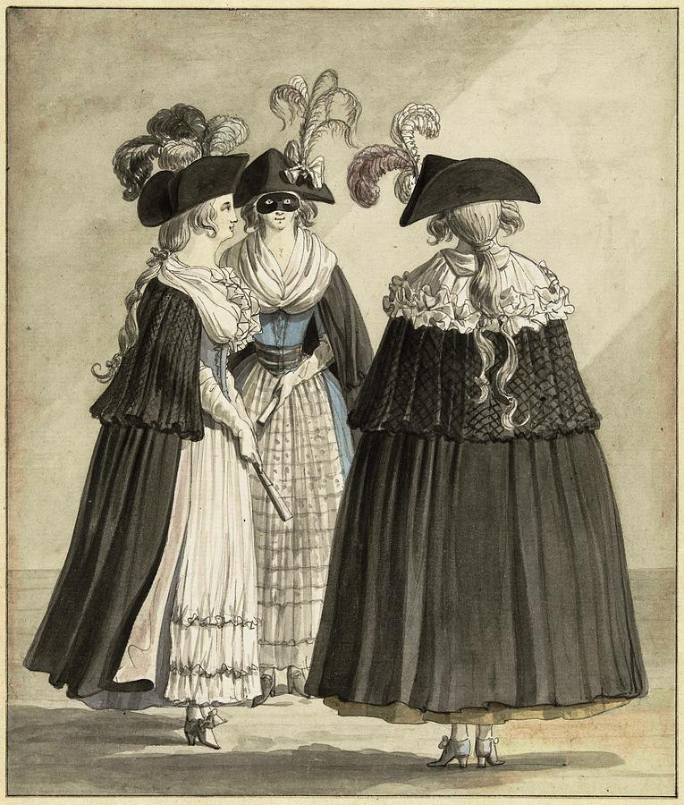 Three women in Roman masquerade costumes. Painting by Daniel Dupre