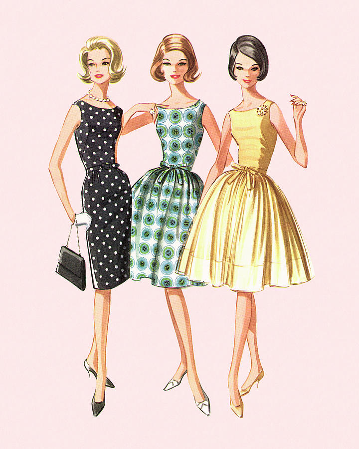 Vintage Drawing - Three Women Modeling Dresses by CSA Images