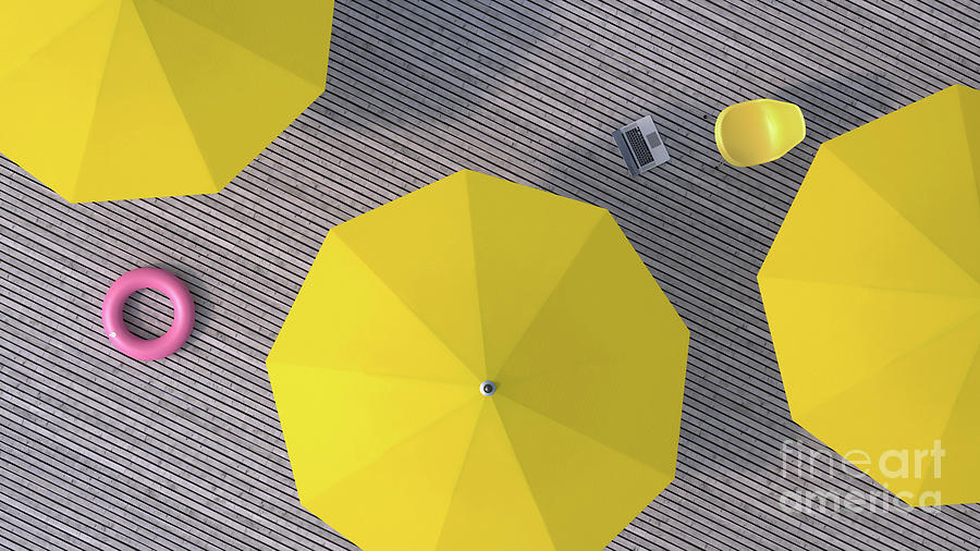 Three Yellow Sunshades, Chair, Floating Digital Art by Westend61