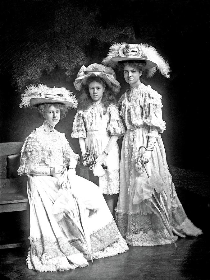 Three young women, probably of the Riley family, dressed in lace and hats, 22 April 1908 by  Stanley Painting by Celestial Images