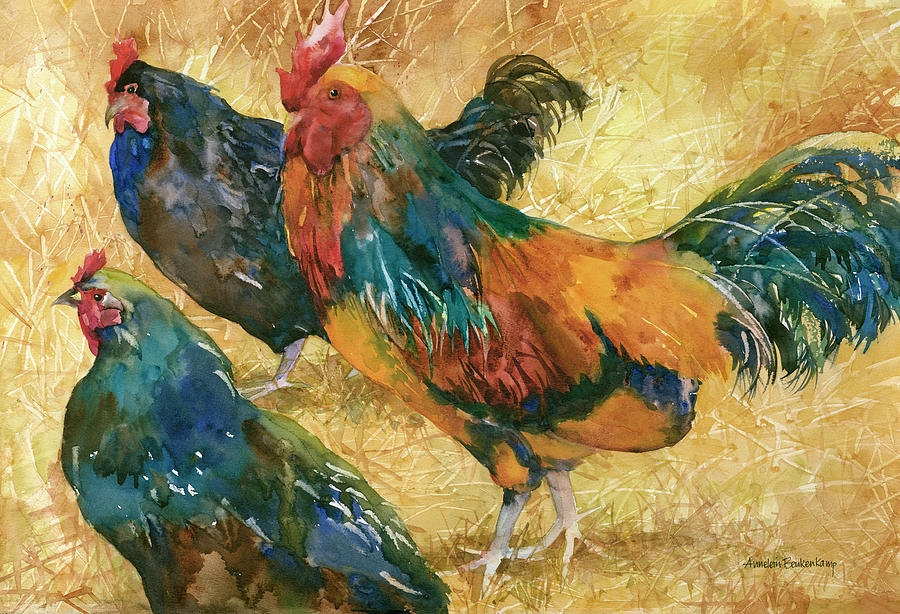 Rooster Painting - Threes A Crowd by Annelein Beukenkamp