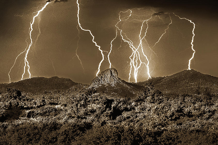Thumb Butte, Electrical Storm, Sepia, Prescott, Arizona Photograph by Don Schimmel