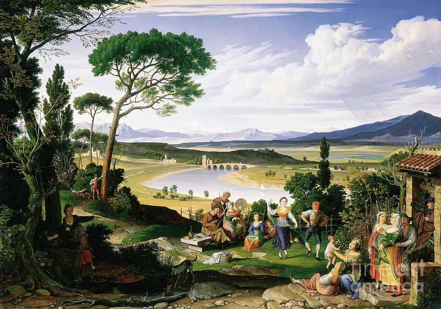 Tiber landscape with cheerful country folk, 1817 Painting by Joseph Anton Koch