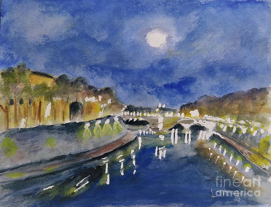 Tiber River At Night Painting