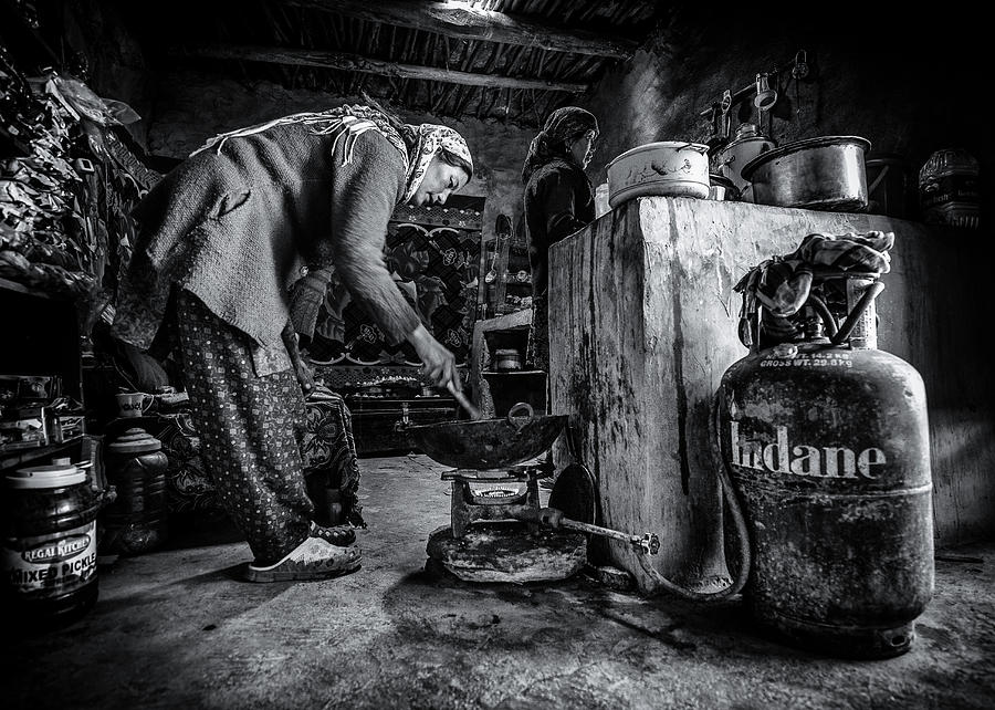 Black And White Photograph - Tibetan Kitchen by Marco Tagliarino