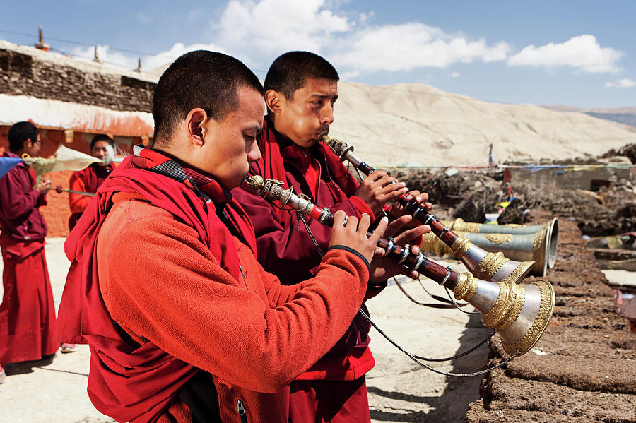 Tibetan Monks Playing Buddhist Horns Photograph by Hadynyah