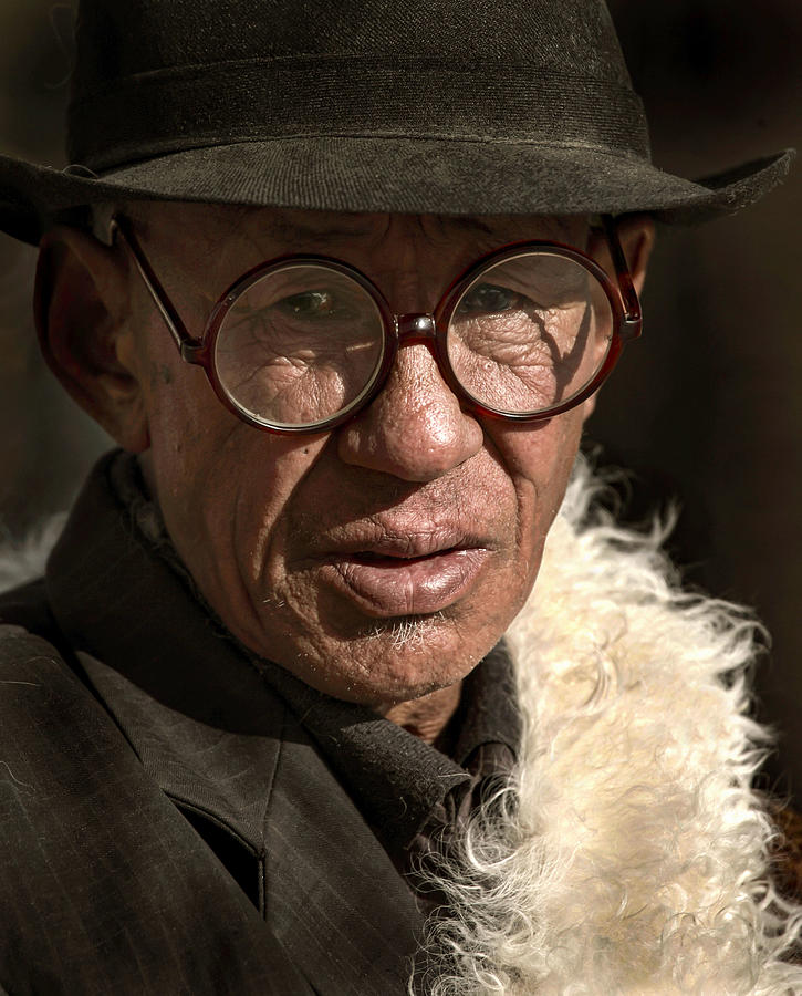 Face Photograph - Tibetan Old Man Wearing Glasses by Yibing Nie