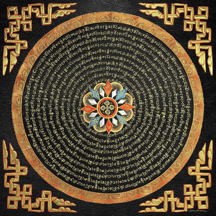Tibetan Thangka - Buddhist Mandala with Double Vajra over Black Leather  Digital Art by Serge Averbukh
