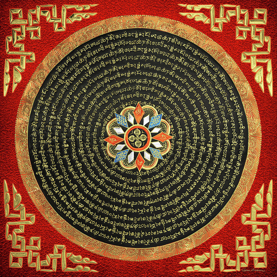 Tibetan Thangka - Buddhist Mandala with Double Vajra over Red Leather Digital Art by Serge Averbukh