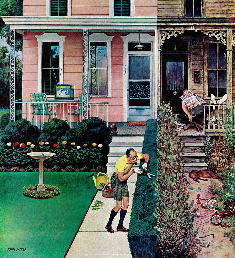 Vintage Drawing - Tidy And Sloppy Neighbors by John Falter