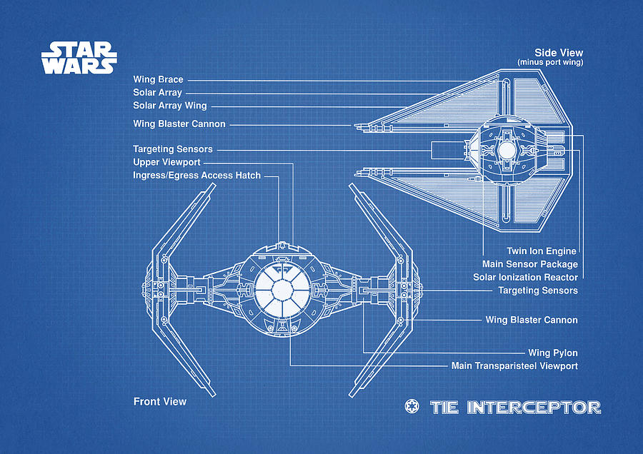 Star Wars Digital Art - TIE INTERCEPTOR poster, tie blueprint, star wars prints, interceptor printable, star wars gift, star by Dennson Creative