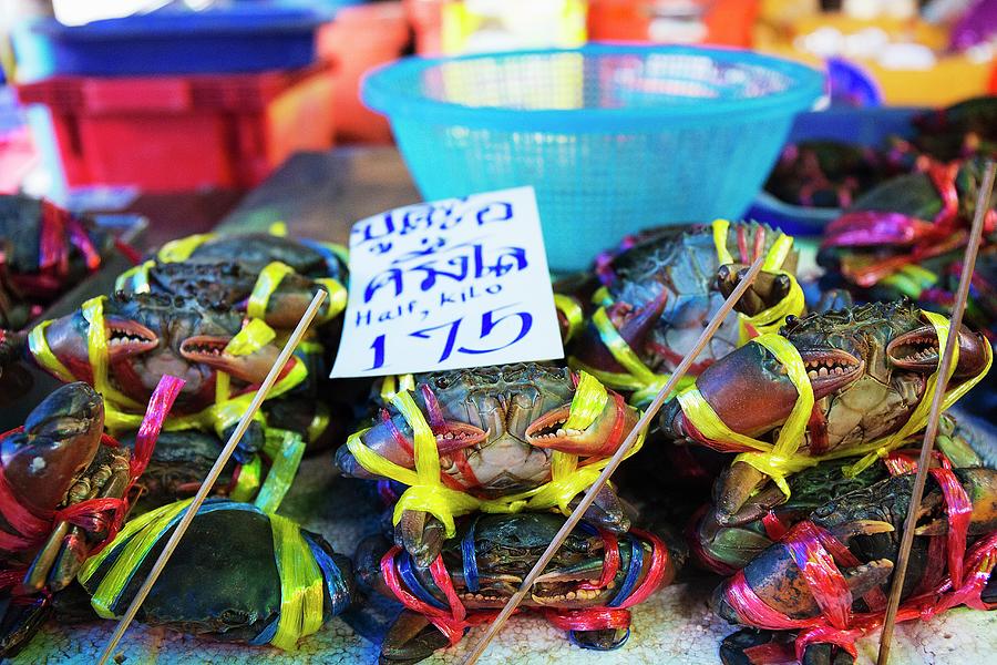 Tied Crabs With A Price Tag At A Fish Market, Thailand Photograph by Nicolas Lemonnier