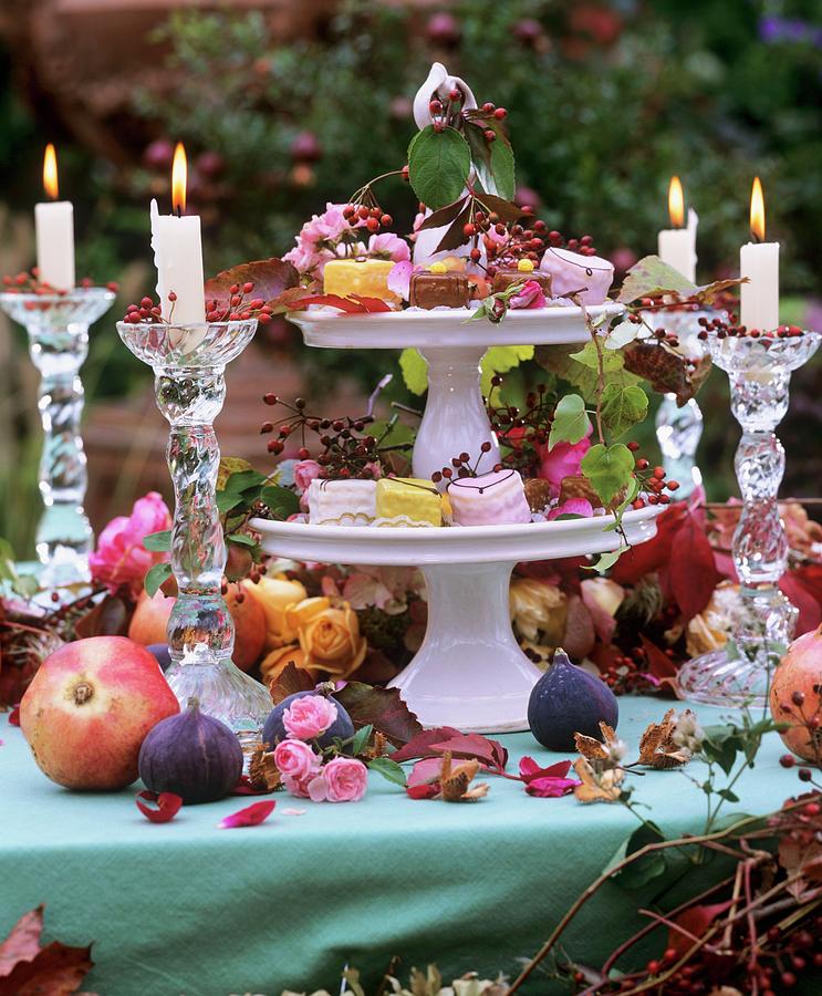 Tiered Stand With Autumn Decorations & Petit Fours, Glass Candlestick ...