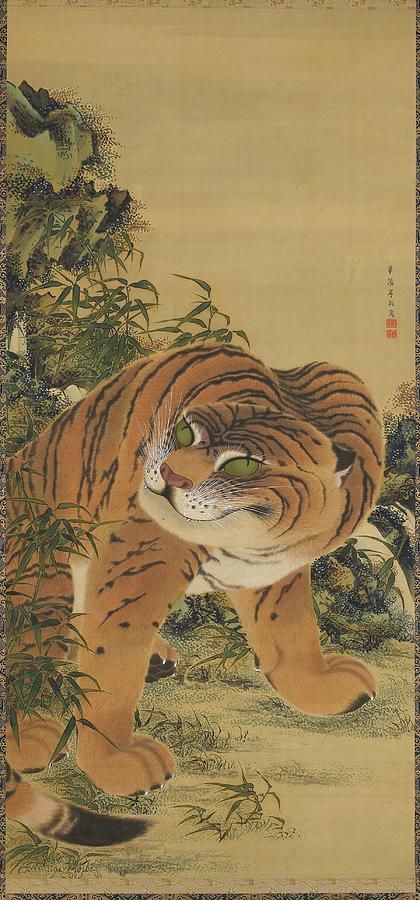 Tiger Painting - Tiger Seated Beneath Rock And Bamboo by Kishi Ganku
