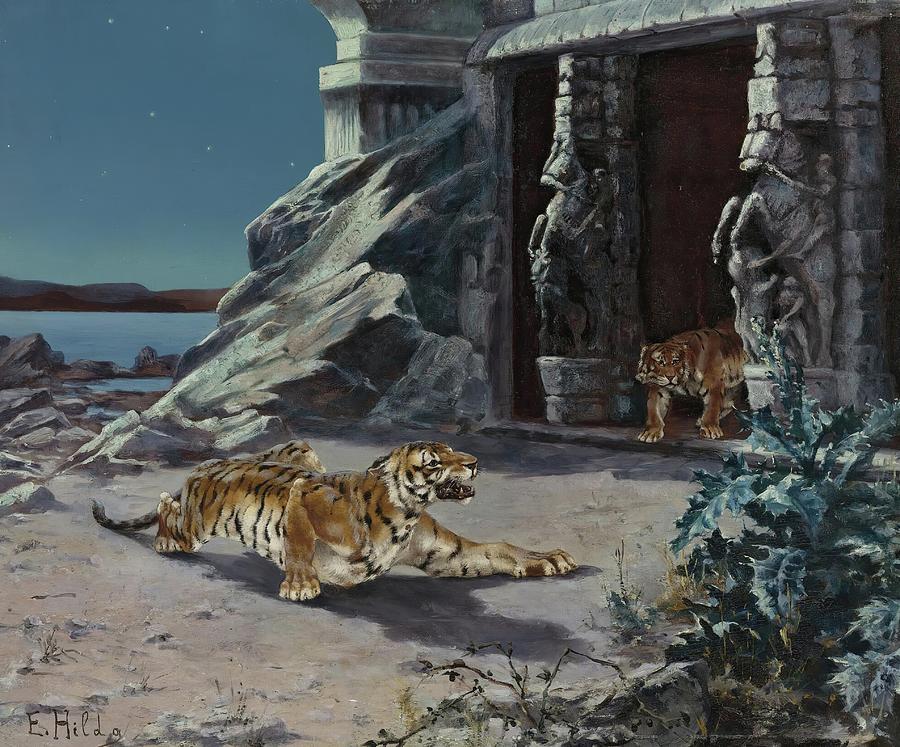 Tiger Painting - Tigers At A Temple Entrance by E. Baily Hilda