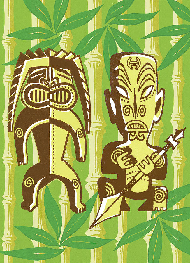 Vintage Drawing - Tiki Figures in Foilage by CSA Images