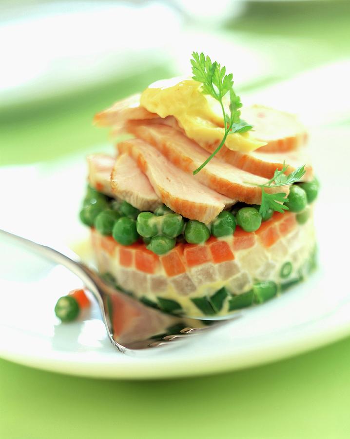 Timbale Of Mixed Vegetables And Thinly Sliced Chicken Photograph by Roulier-turiot
