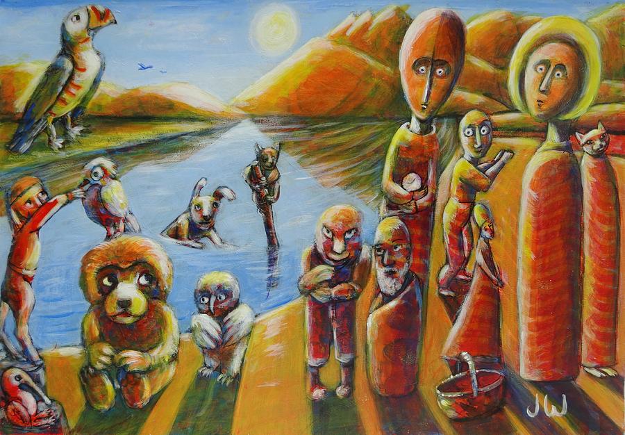Time keepers beside the mountain lake Painting by June Walker