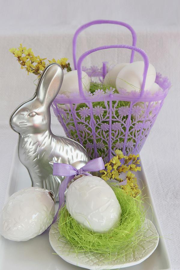 Tin Easter Bunny Mould And Ceramic Eggs Photograph by Regina Hippel