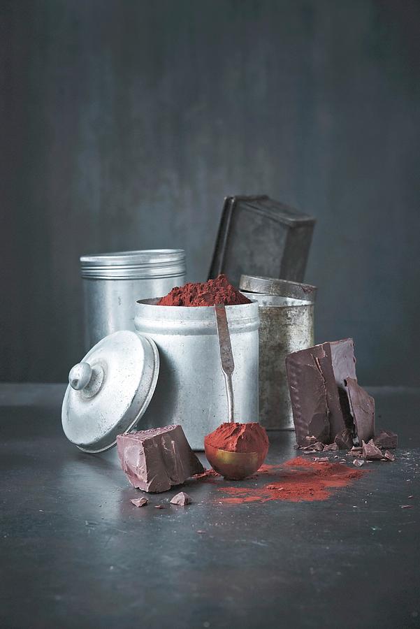 Tins Filled With Various Chocolate Ingredients cocoa, Chocolate Blocks Photograph by Kai Stiepel