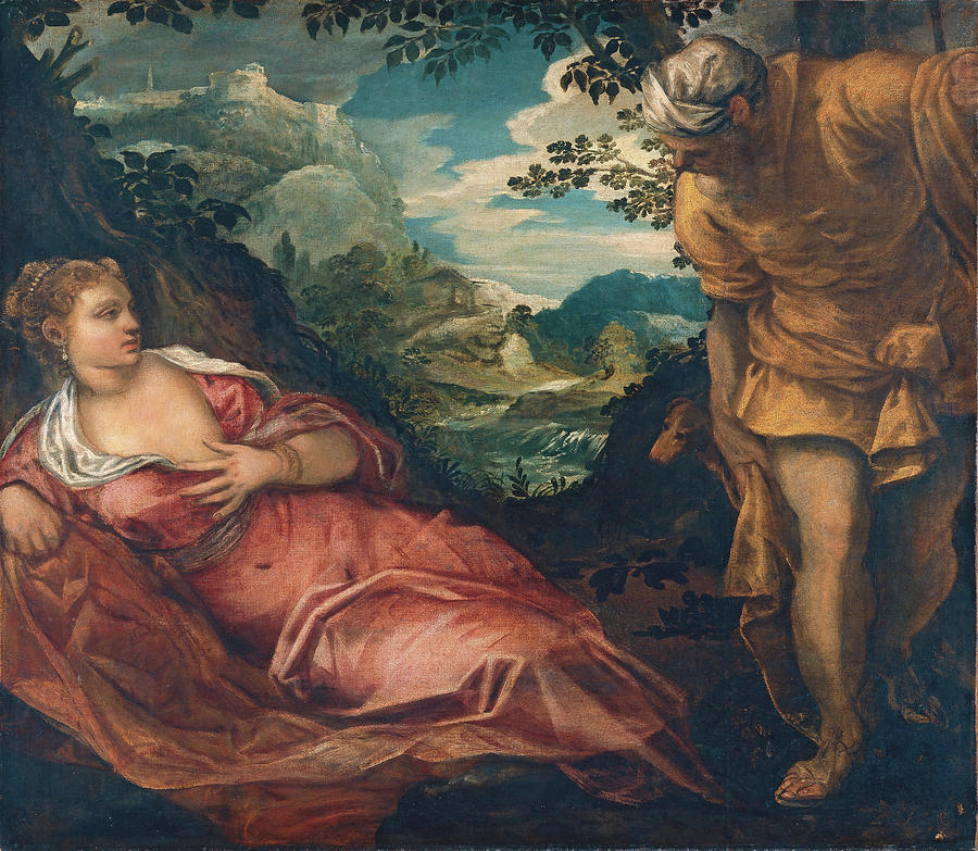 Tintoretto -Venice, 1519 -1594-. The Meeting of Tamar and Judah -ca. 1555 - 1559-. Oil on canvas.... Painting by Tintoretto -1518-1594-
