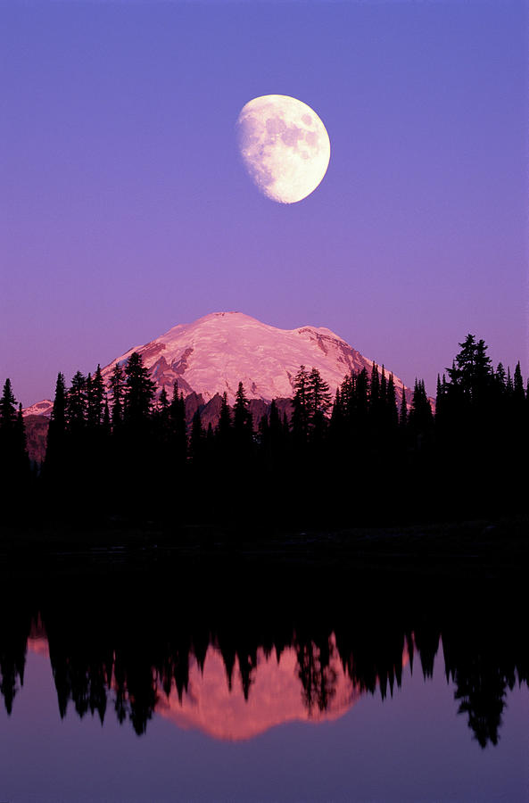Tipsoo Lake And Full Moon At Mount Photograph by Steve Satushek