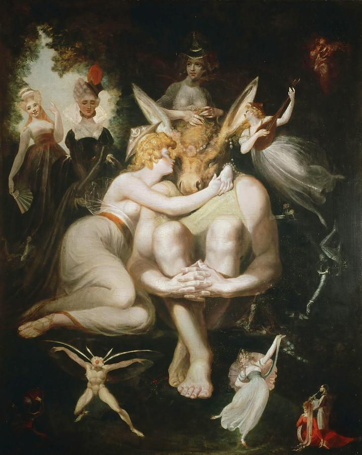 Titania caresses Bottom with the donkeys head,1793 / 94 Canvas. Painting by Henry Fuseli Johann Heinrich Fuessli Titania caresses Bottom with the donkeys head,1793 / 94 Canvas. Painting by Henry Fuseli Johann Heinrich Fuessli