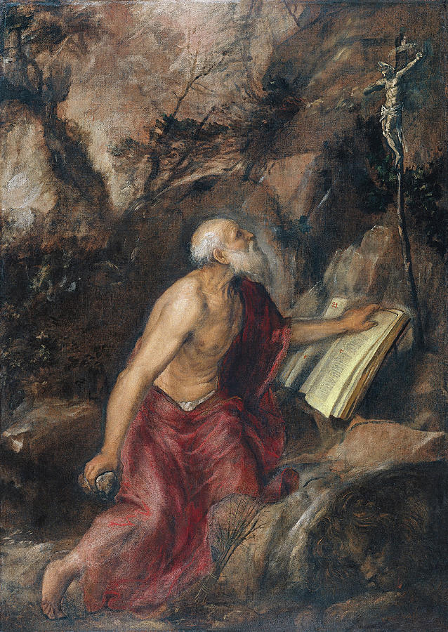 Titian -Pieve di Cadore ca. 1485/90 - Venice 1576-. The Penitent Saint Jerome -ca. 1575-. Oil on ... Painting by Titian -c 1485-1576-