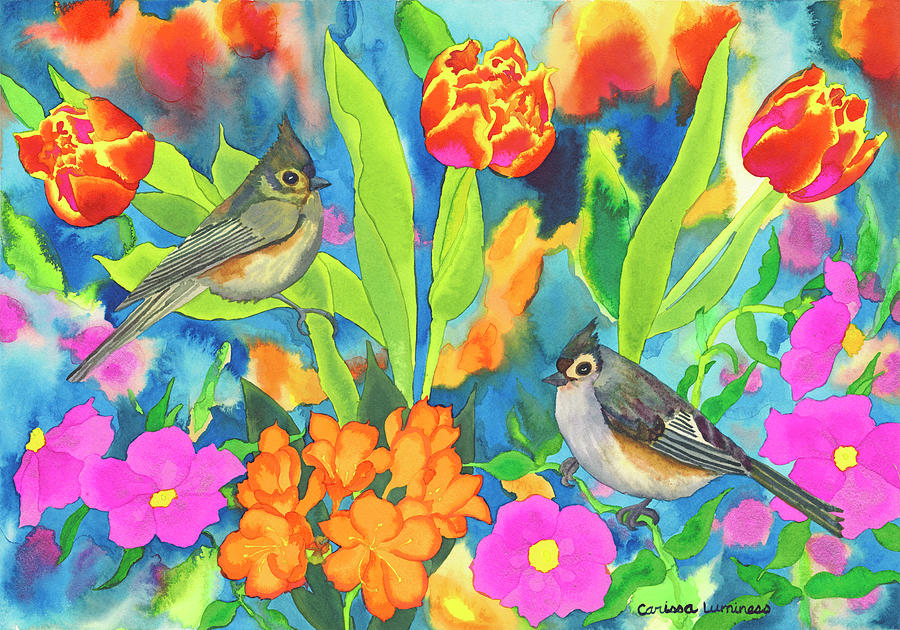 Bird Painting - Titmouses And Tulips by Carissa Luminess