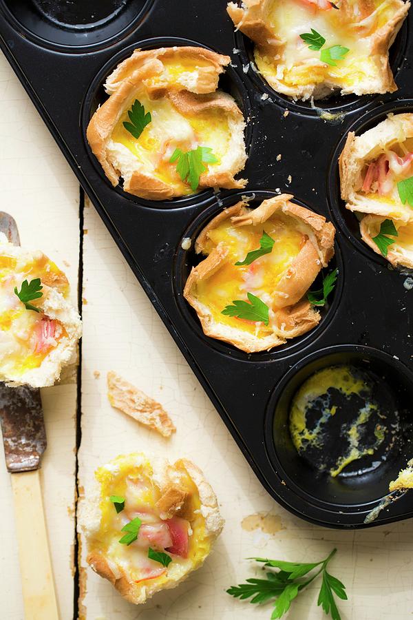 Toast Quiches slices Of Toast Baked In A Cupcake Tin And Filled With Ham, Egg And Cheese Photograph by Sandra Krimshandl-tauscher
