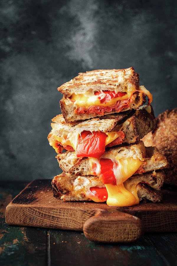 Toasted Sandwiches With Chorizo, Cheese And Grilled Peppers Photograph by Kate Prihodko