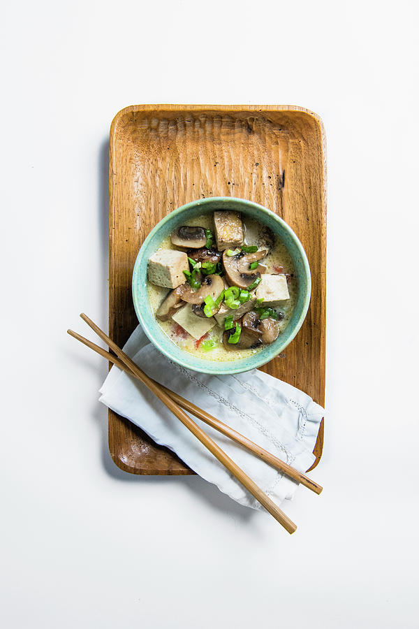 Mushroom Photograph - Tofu And Mushroom Soup In Blue Bowl With Chopsticks by Cavan Images