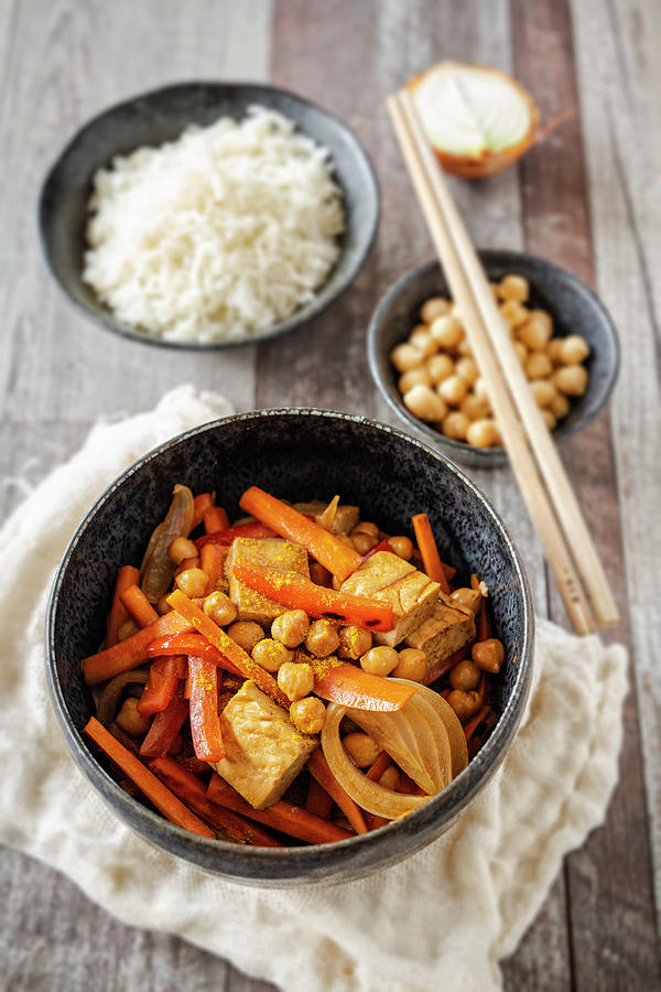 Tofu Curry With Chickpeas, Carrots, Peppers And Onions asia Photograph by Jan Wischnewski